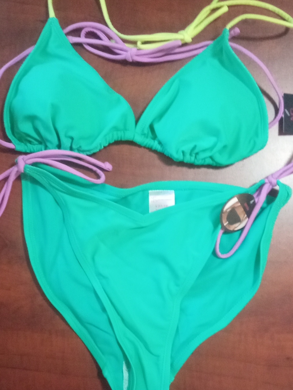 * No Boundaries Green Triangle Tie-Bikini Set with Purple Accents Large NWT
